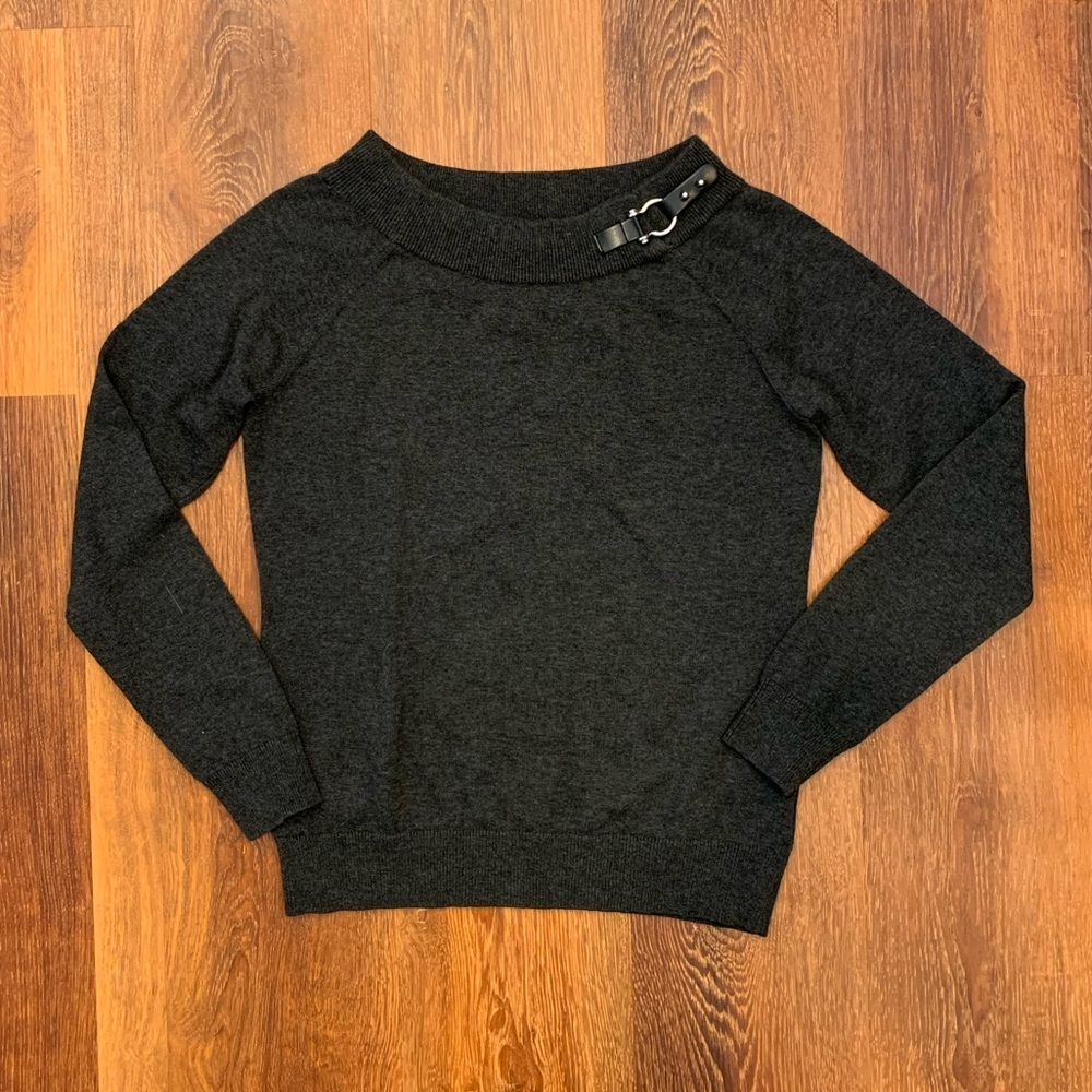 Lauren Ralph Lauren Pullover Sweater Womens L Charcoal EUC Silver Horse Buckle